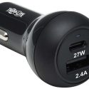 Tripp Lite USB Car Charger Dual-Port 39W Charging USB-C 27W, USB-A 12W – Adaptador de corriente para el coche – 39 vatios – 3 A – PD 3.0 – 2 conectores de salida (USB, USB-C) – negro