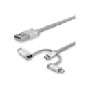 StarTech.com Cable de 2m USB Multi Carga – Lightning, USB C, Micro USB – Cable para Smartphone USB Tipo C – Certificado MFi – USB 2.0 – Carga 3 en 1 – Kit de cable USB – plata